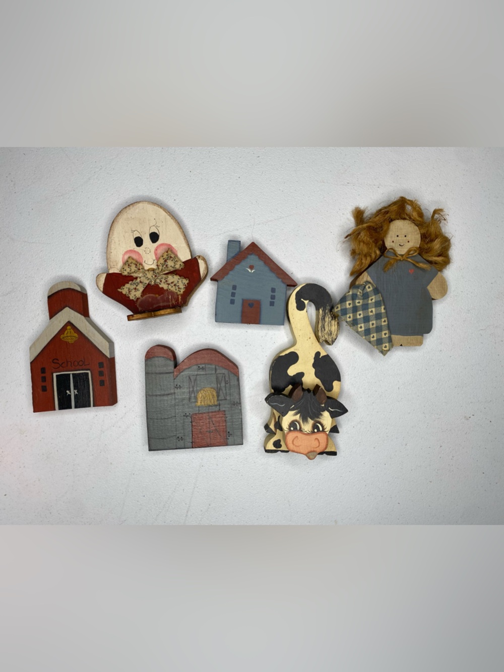 Vintage Wooden Shelf Sitters Cow Humpty Dumpty Houses Cottagecore Grannycore